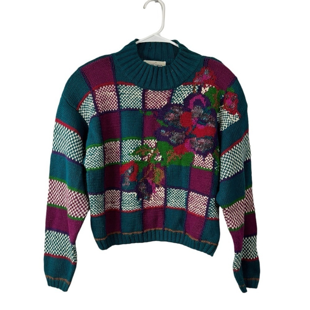 Vintage 90s Casual Corner Size Large Cropped Sweater Floral Colorful Plaid